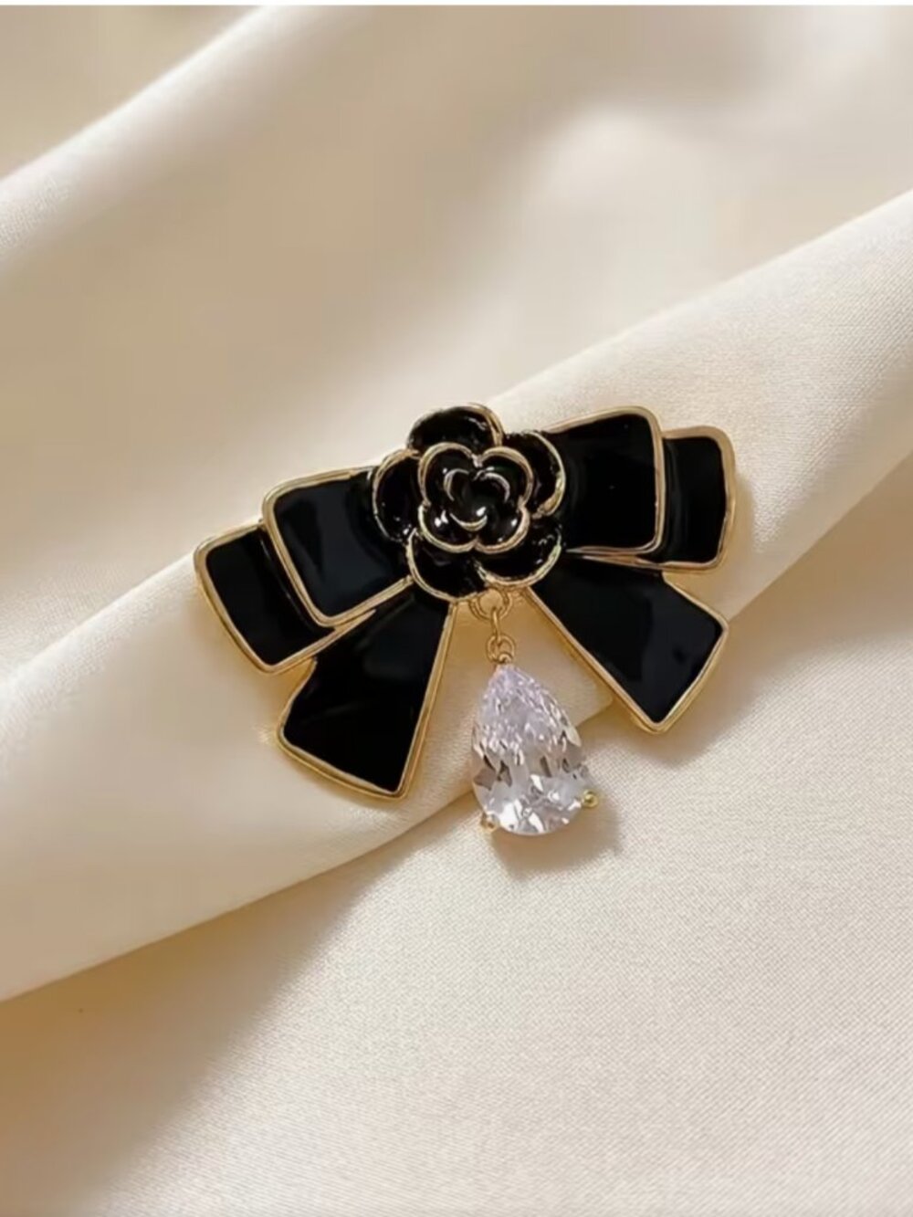 NEW Designer Inspired Black Enamel Camellia Flower Bow Crystal Drop Brooch
